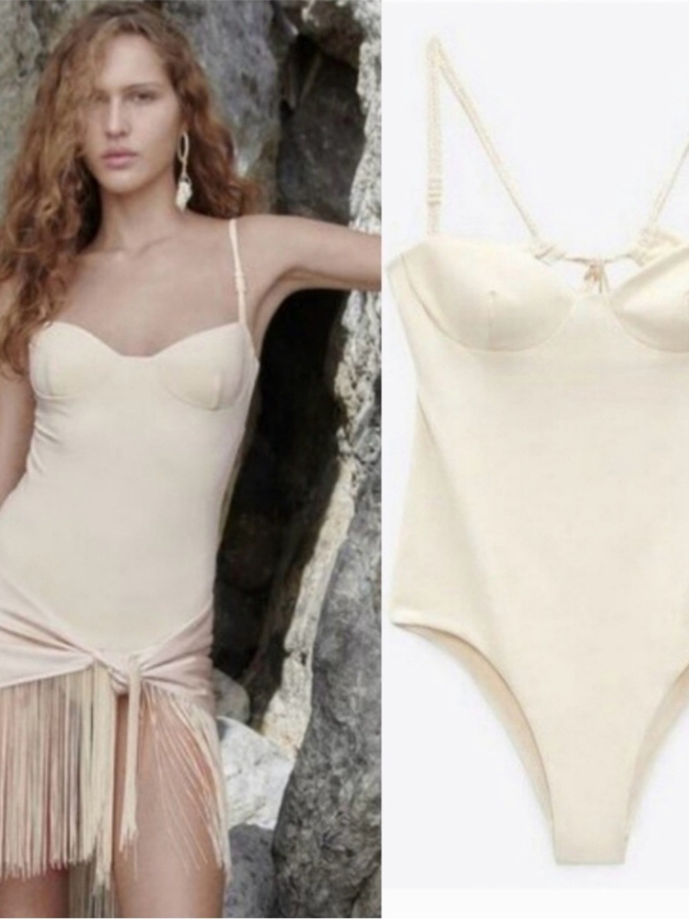 Zara Cream Sculpted Bustier Bodysuit with Adjustable Straps